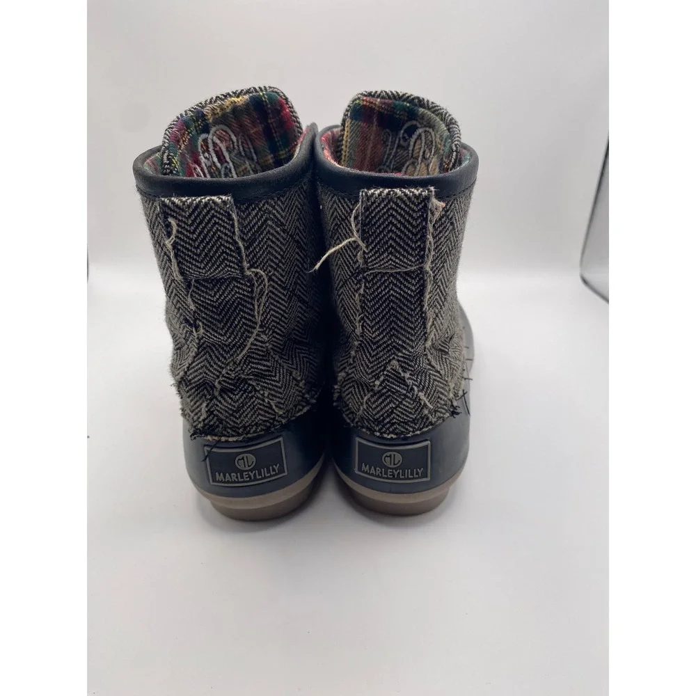 Marley Lilly Womens Herringbone Duck Boots Black Plaid Lined Ankle Rain Boots 6 - Picture 2 of 7